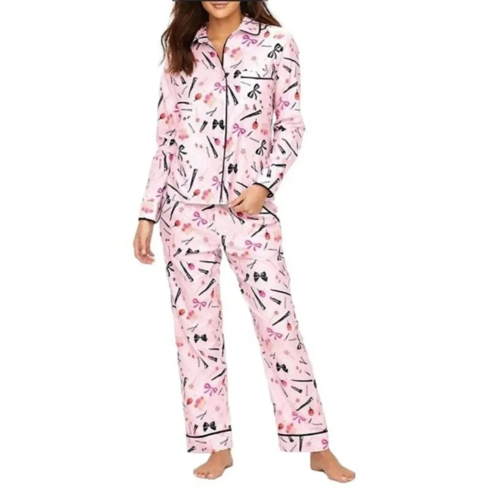 Kate Spade Pink Flannel Pajama Set Makeup Lipstick Bows Sz Med READ DESC.